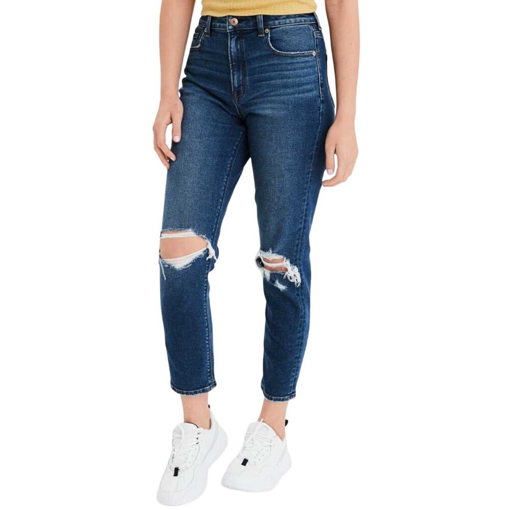 American Eagle Mom Jean Stretch Dark Wash Distressed High Rise Raw Hem 00
